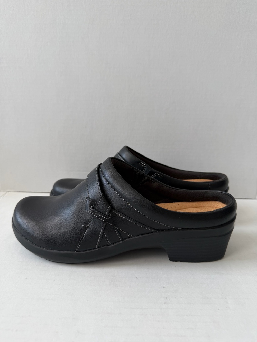 Clarks Black Leather Slip-On Clogs with Low Heel